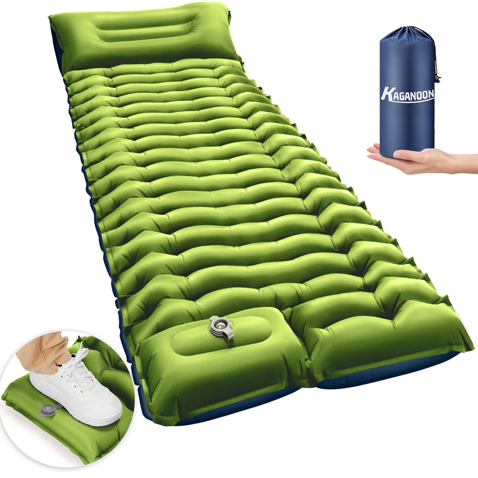 Kaganoon Sleeping Pad for Camping Ultralight Inflatable Camping Mat with Pillow Built-in Foot Pump Sleeping Pads Compact & Lightweight Camp Air Mattress for Backpacking Hiking