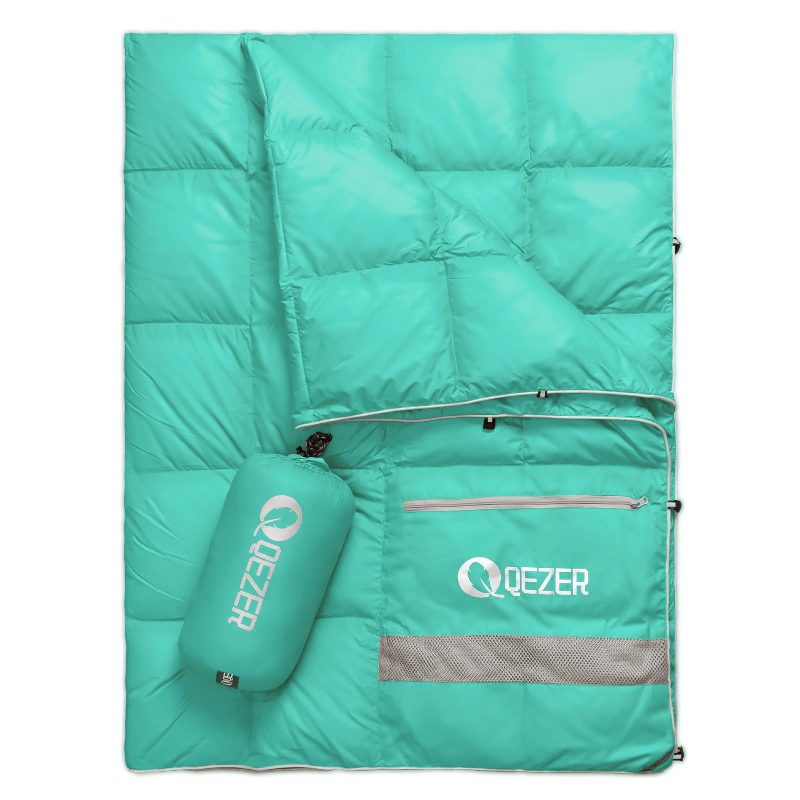 QEZER Down Camping Blanket Packable600+Fill Power，Multi-Purpose Warm Camping Quilt for Outdoor Camping Backpacking and Hiking 73x53 inches.（Light Green）